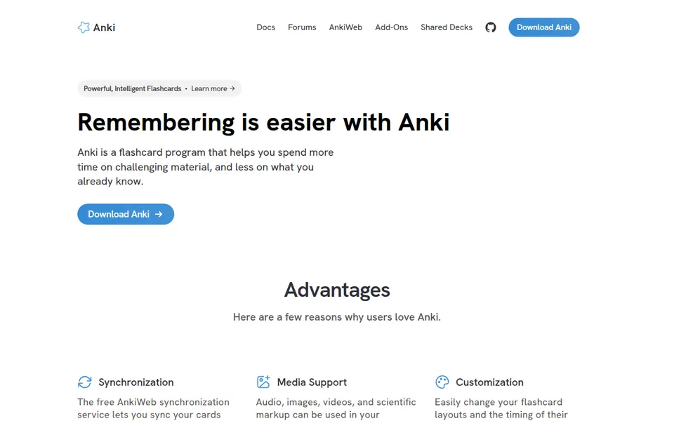 Anki home page: Remembering is easier with Anki