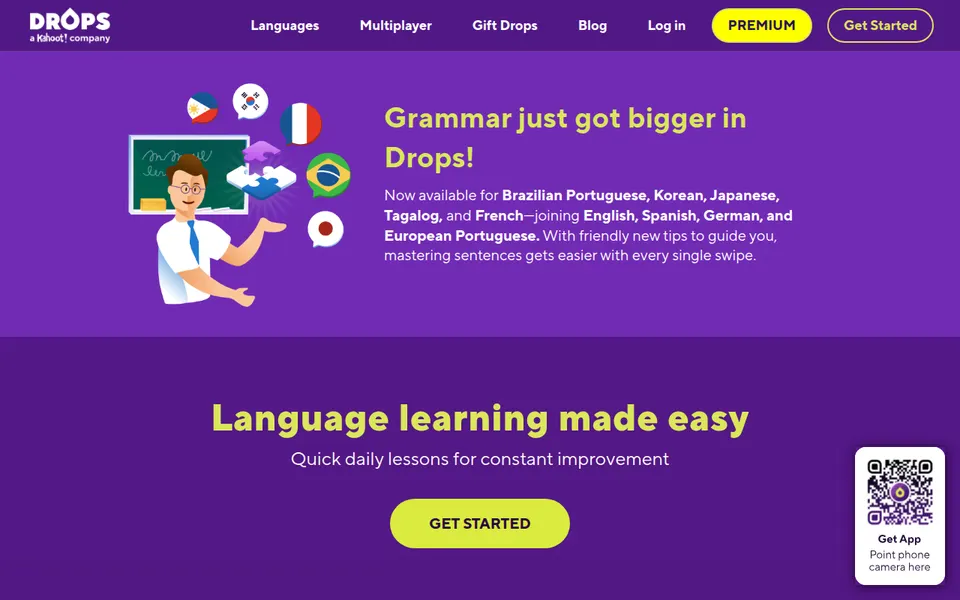 Drops home page: Language learning made easy, quick daily lessons