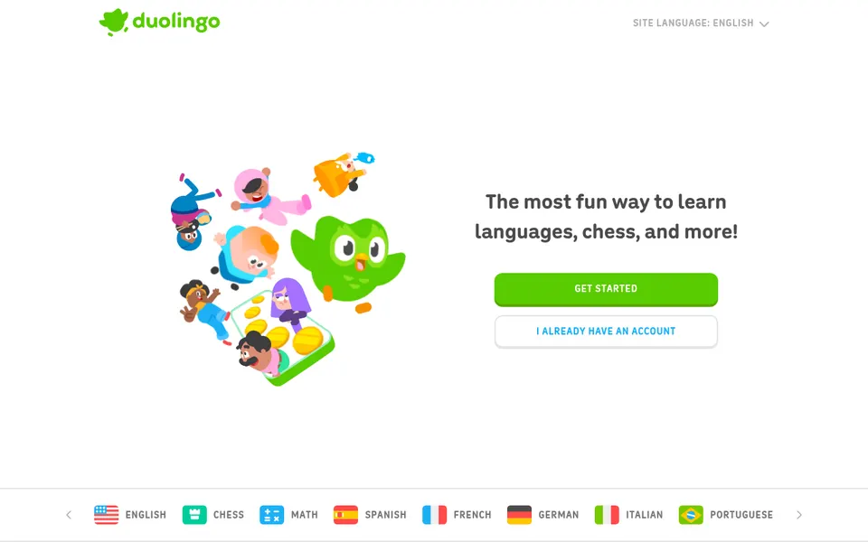 Duolingo home page: The most fun way to learn languages, chess, and more