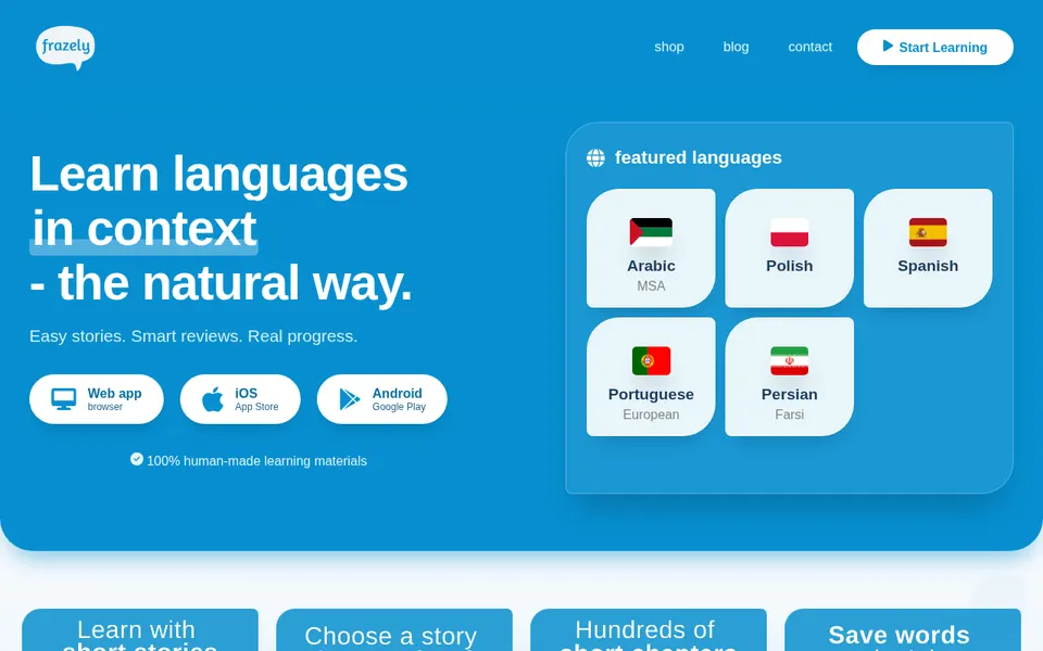 Frazely home page: Learn languages in context, the natural way, with a Portuguese (European) tile
