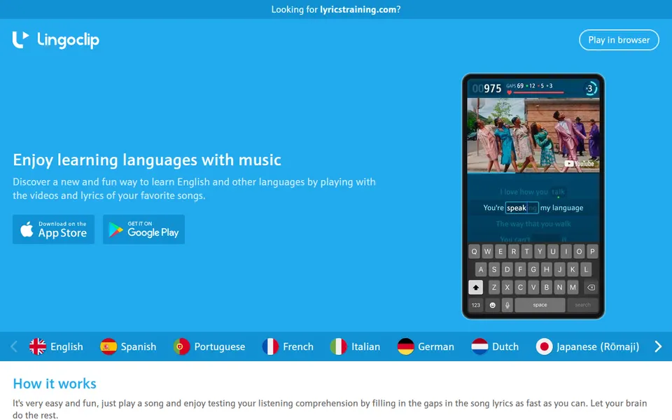 LingoClip home page: Enjoy learning languages with music