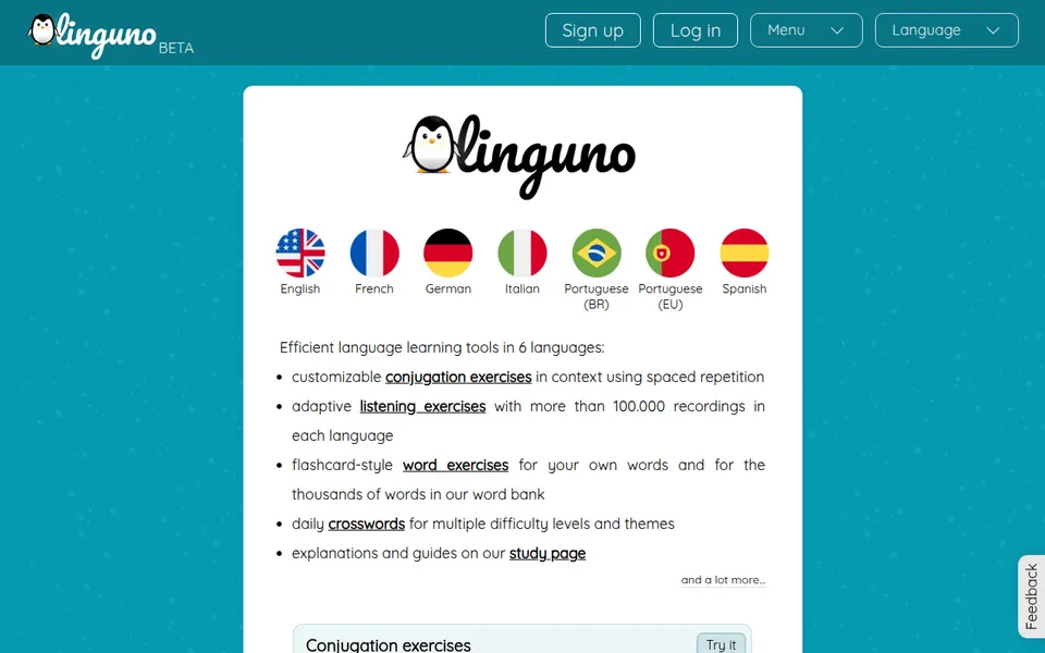 Linguno home page listing conjugation, listening and word exercises for seven languages