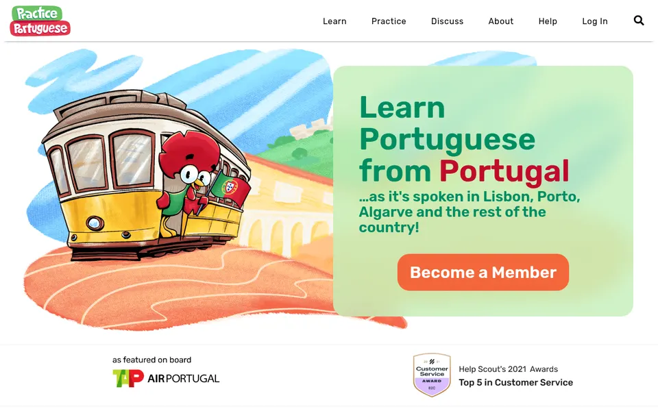 Practice Portuguese home page: Learn Portuguese from Portugal, with a yellow Lisbon tram