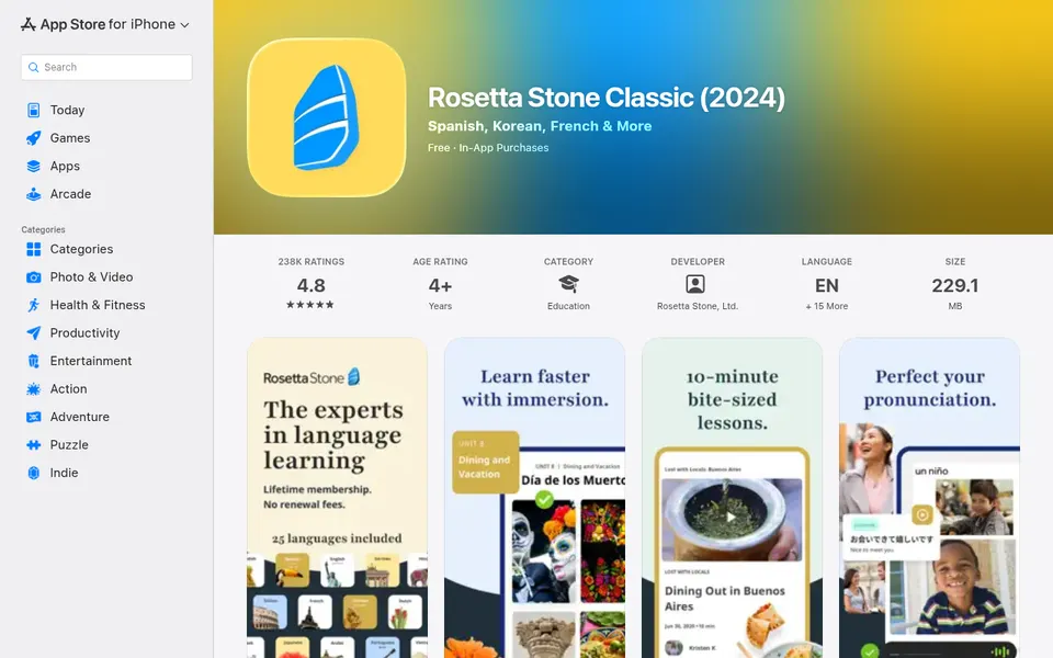 Rosetta Stone's App Store listing with screenshots of its immersion lessons
