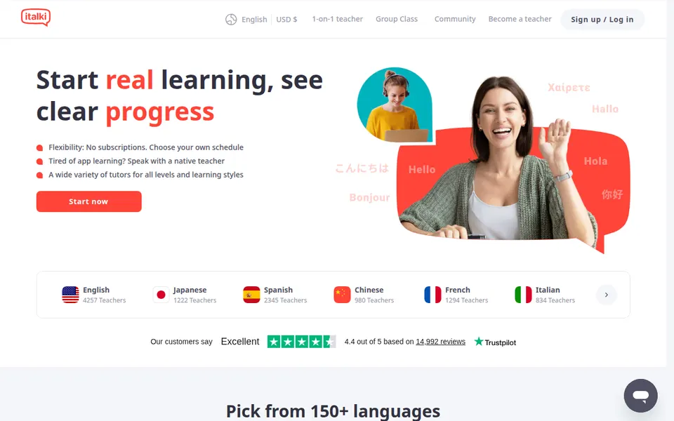 italki home page: Start real learning, see clear progress