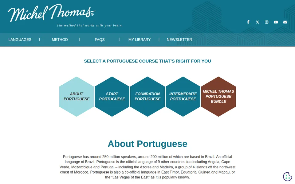 Michel Thomas Portuguese page with Start, Foundation and Intermediate course tiles