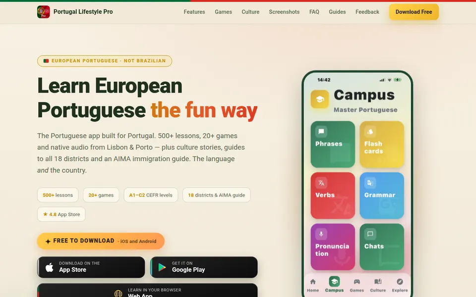 Portugal Lifestyle Pro home page: Learn European Portuguese the fun way, with a phone showing lesson tiles