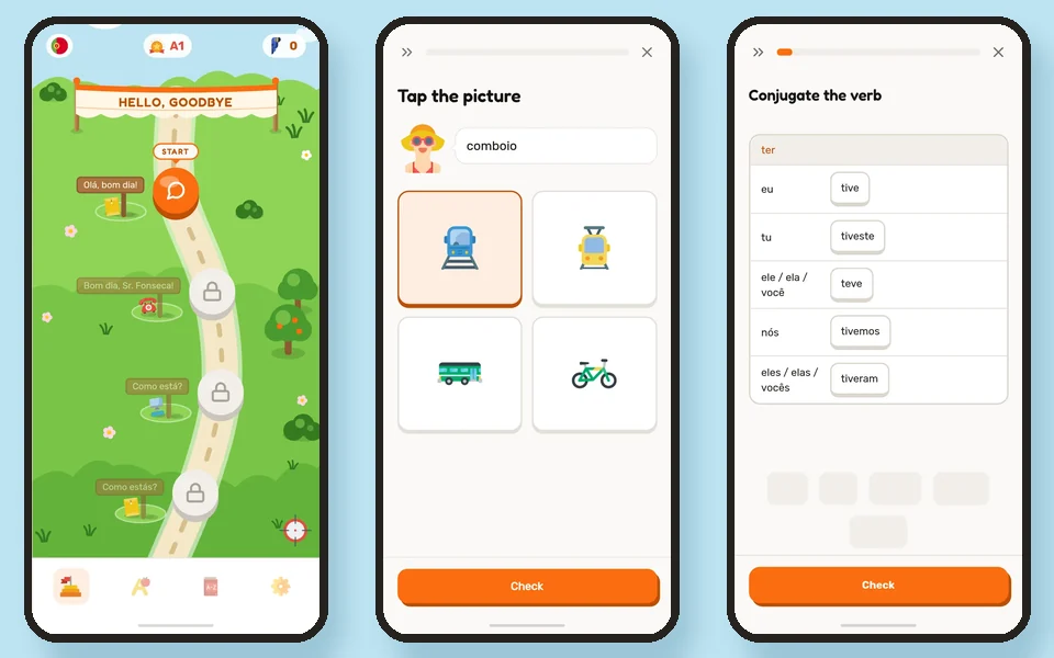 Three screens of the Speeku app: the course map, a picture drill asking for comboio, and the verb ter conjugated