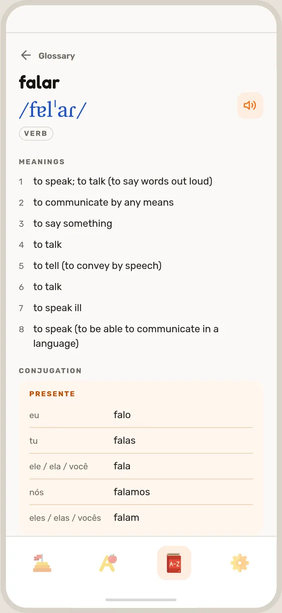 An entry, with the verb's conjugation