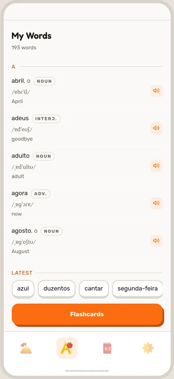 My Words, with the Flashcards button at the bottom