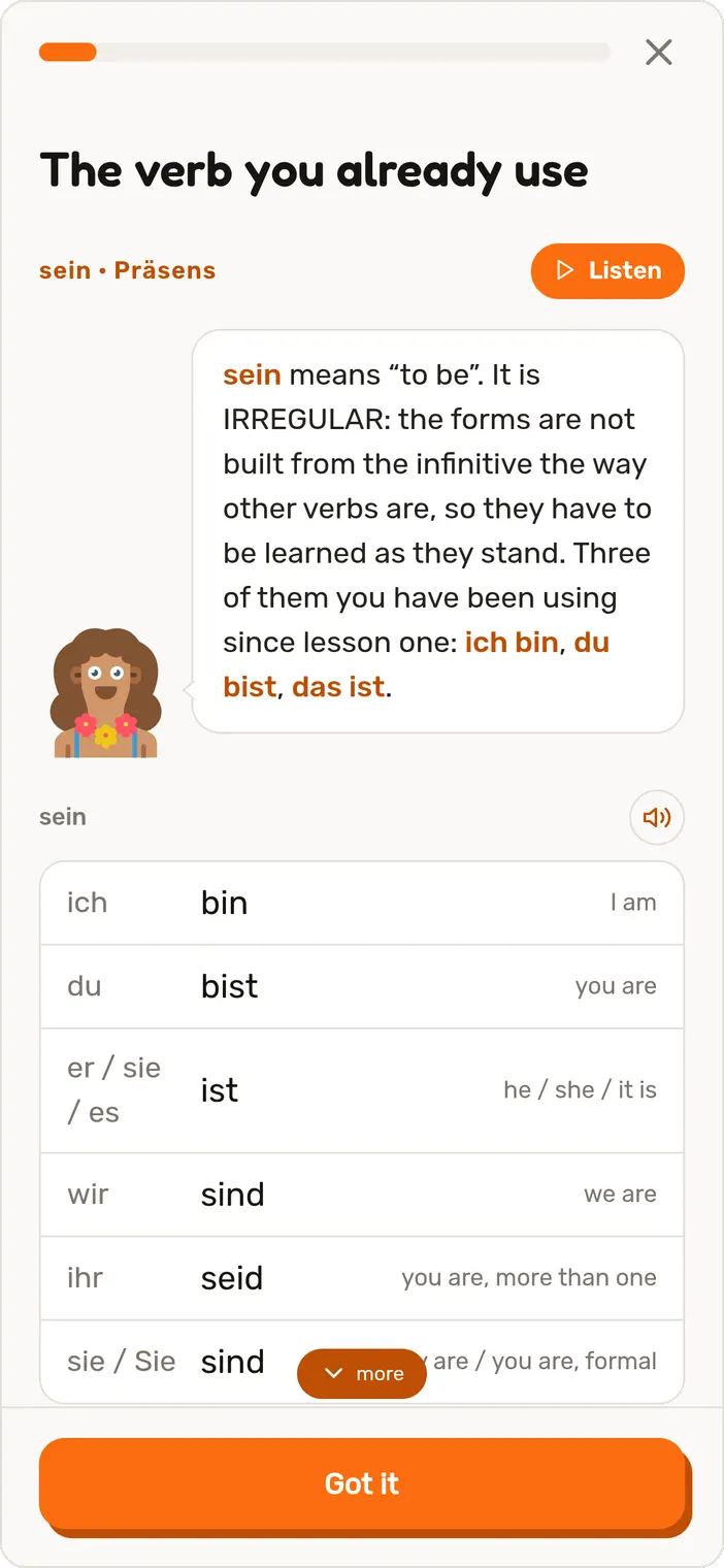 Fill the whole table in a Speeku German lesson