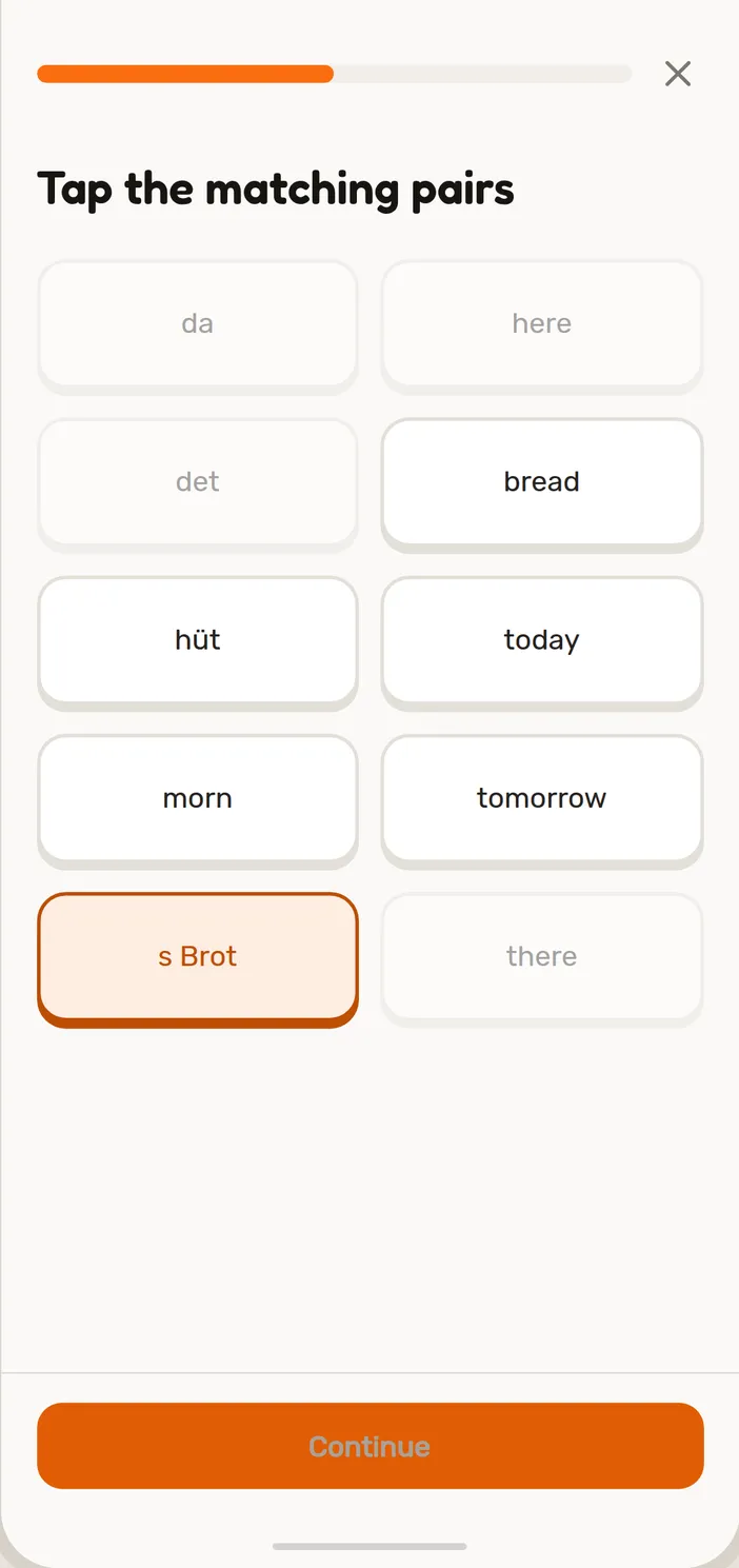 Tap the matching pairs in a Speeku Swiss German lesson