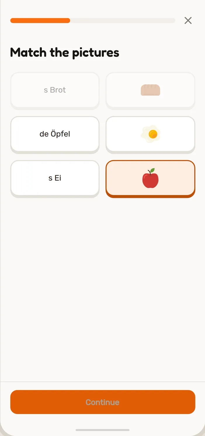 Match the pictures in a Speeku Swiss German lesson