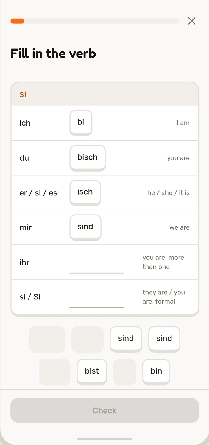 Fill the whole table in a Speeku Swiss German lesson