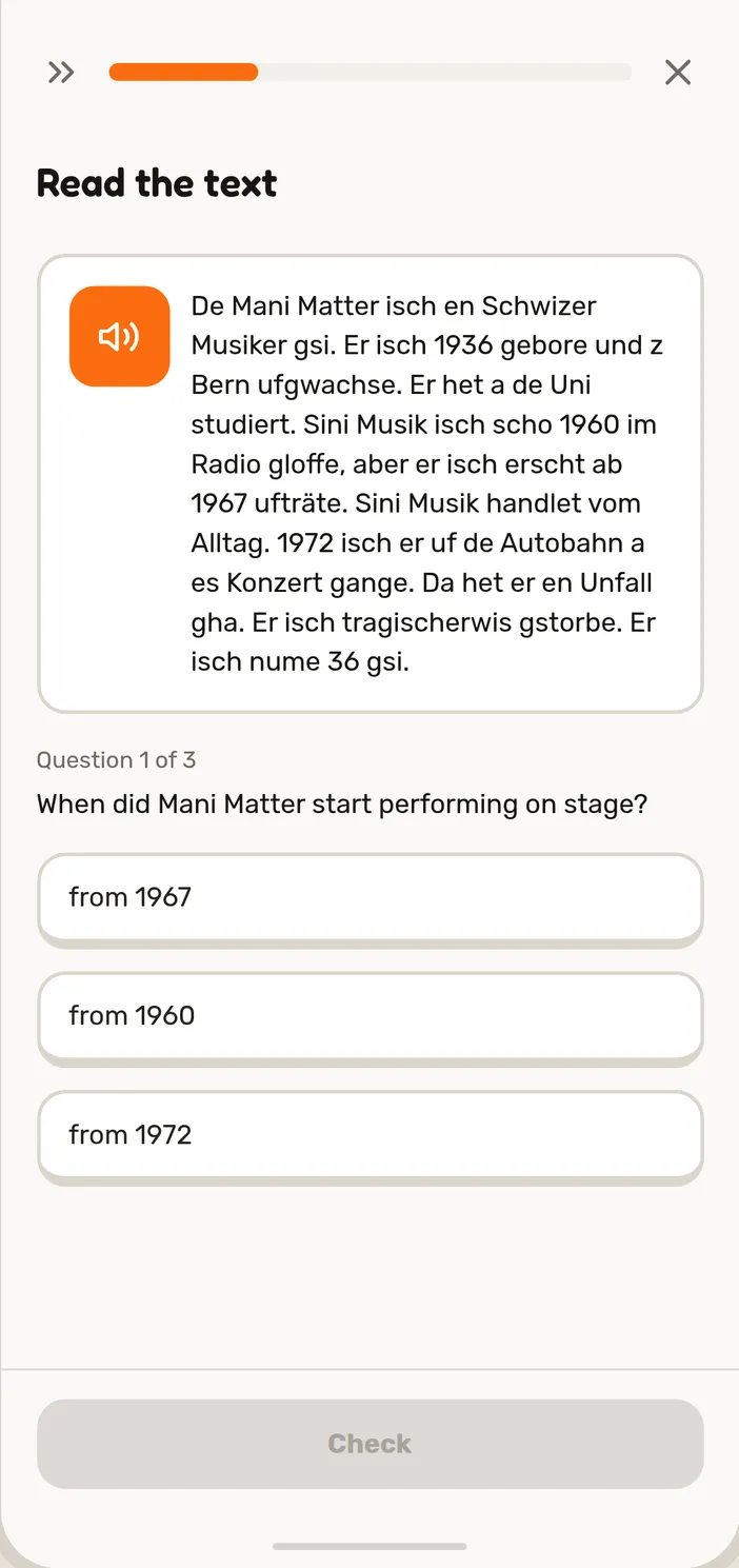 Read the text in a Speeku Swiss German lesson