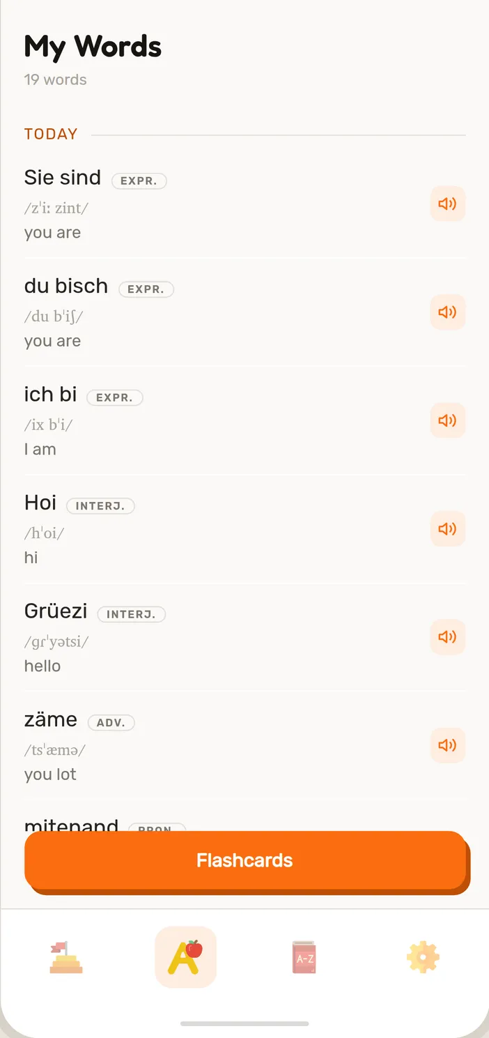 Every Swiss German word Speeku has taught you, in one searchable list